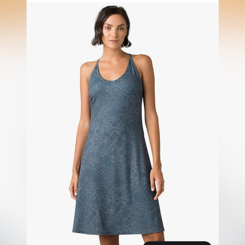 Prana Women's gray/blue Prana OPAL Racerback Tank Dress with built-in bra